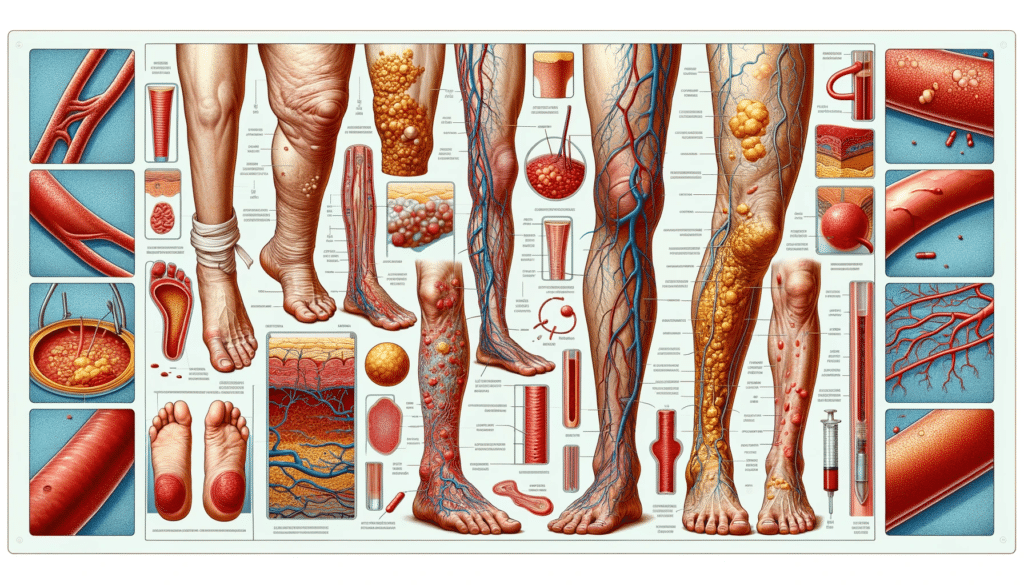 An expanded and detailed educational illustration covering the entire wide horizontal format showing the symptoms of Chronic Venous Disease. This com