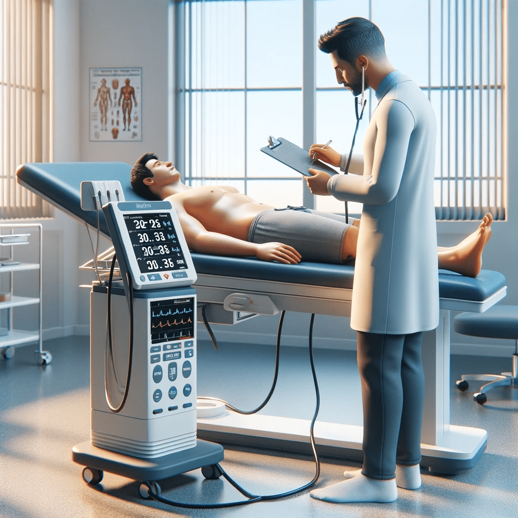 An image depicting a bioimpedance analysis BIA test being conducted. The scene includes a patient lying down on a clinical examination table connec 1