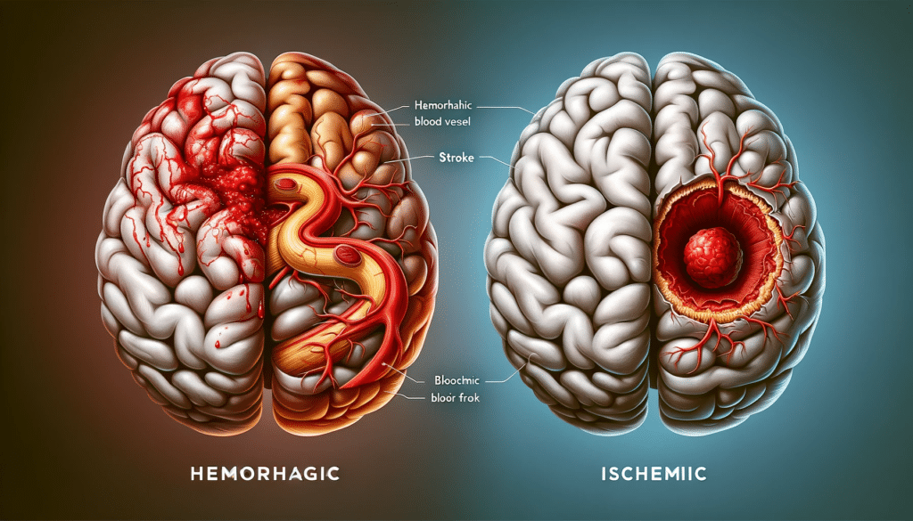 An informative and realistic horizontal illustration depicting the two types of stroke Hemorrhagic and Ischemic. On the left side show a detailed hu