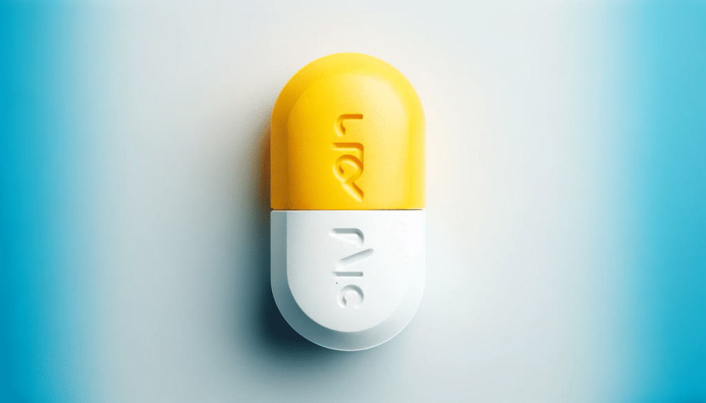 Create a horizontal image of a Forxiga pill which is known for its distinctive yellow and white colors. The pill should be in sharp focus against a c