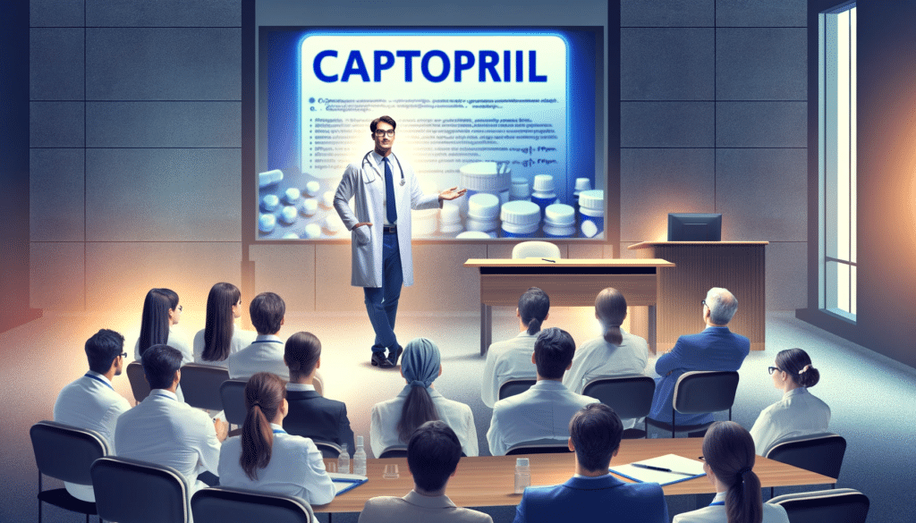 Create a horizontal image of a knowledgeable doctor giving a lecture about Captopril. The doctor should be depicted as a confident and authoritative f