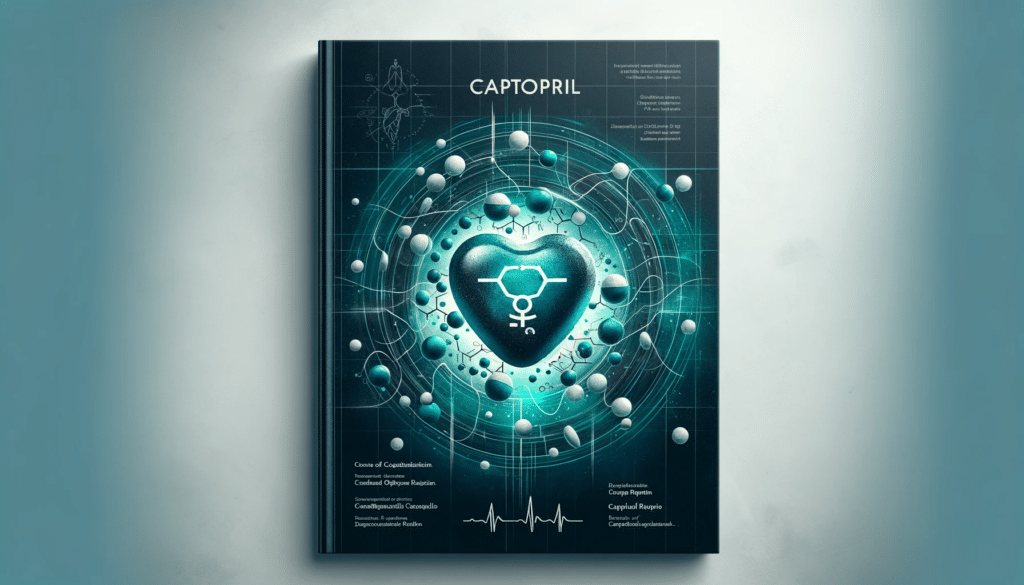 Create a sophisticated and scientific book cover design for a publication about Captopril. The cover should feature an artistic representation of a Ca