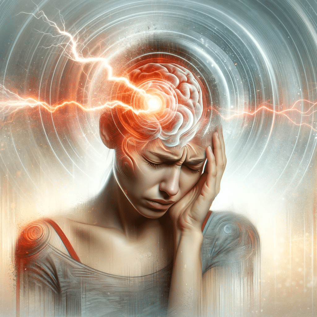 DALL·E 2023 12 01 14.28.56 An artistic representation of a person experiencing a migraine. The person is holding their head in pain with visual elements such as lightning bolts