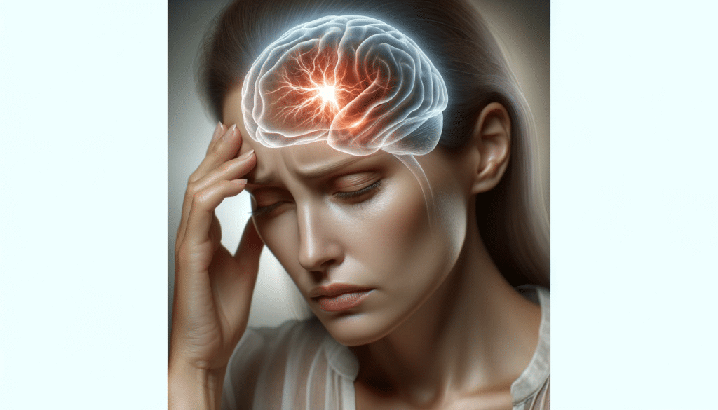 DALL·E 2023 12 01 14.55.51 A realistic image portraying a person experiencing a mild headache indicative of migraine. The individual a middle aged Caucasian woman is shown ho