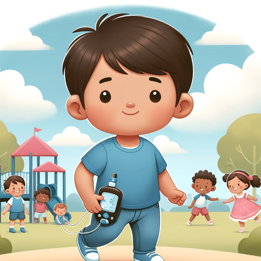 DALL·E 2023 12 02 11.48.36 A heartwarming illustration of a young child with type 1 diabetes playing in a park. The child a Hispanic boy with short black hair is wearing a bl