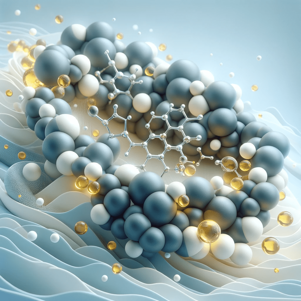 DALL·E 2023 12 02 11.49.21 A realistic 3D image depicting cholesterol molecules in a sophisticated medical context. The background should be clean blending shades of blue grey
