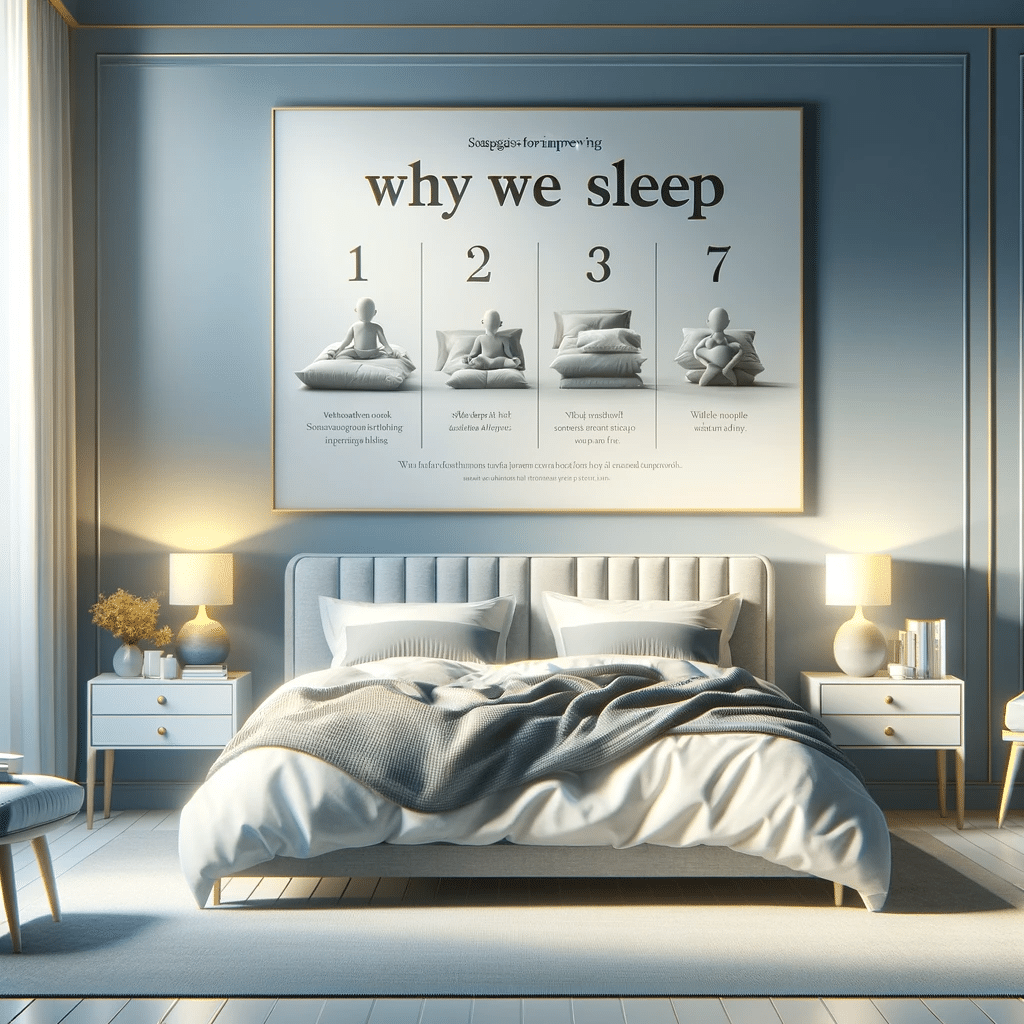 DALL·E 2023 12 02 11.49.27 A realistic 3D rendering of a peaceful bedroom setting illustrating seven strategies for improving sleep based on the book Why We Sleep. The image