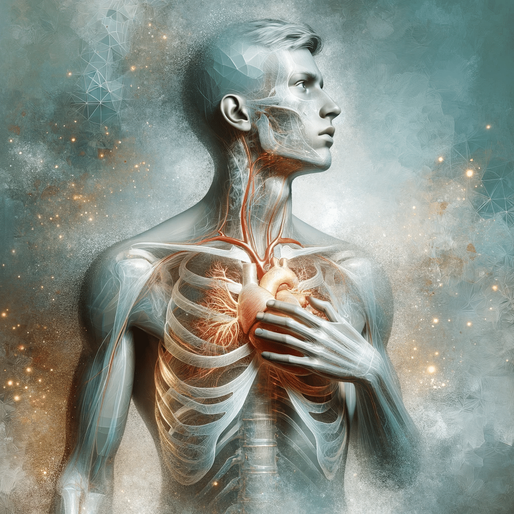 DALL·E 2023 12 02 22.13.16 A digital artwork depicting the concept of chest pain focusing on the heart and lungs. The image shows a transparent human figure with an emphasis o