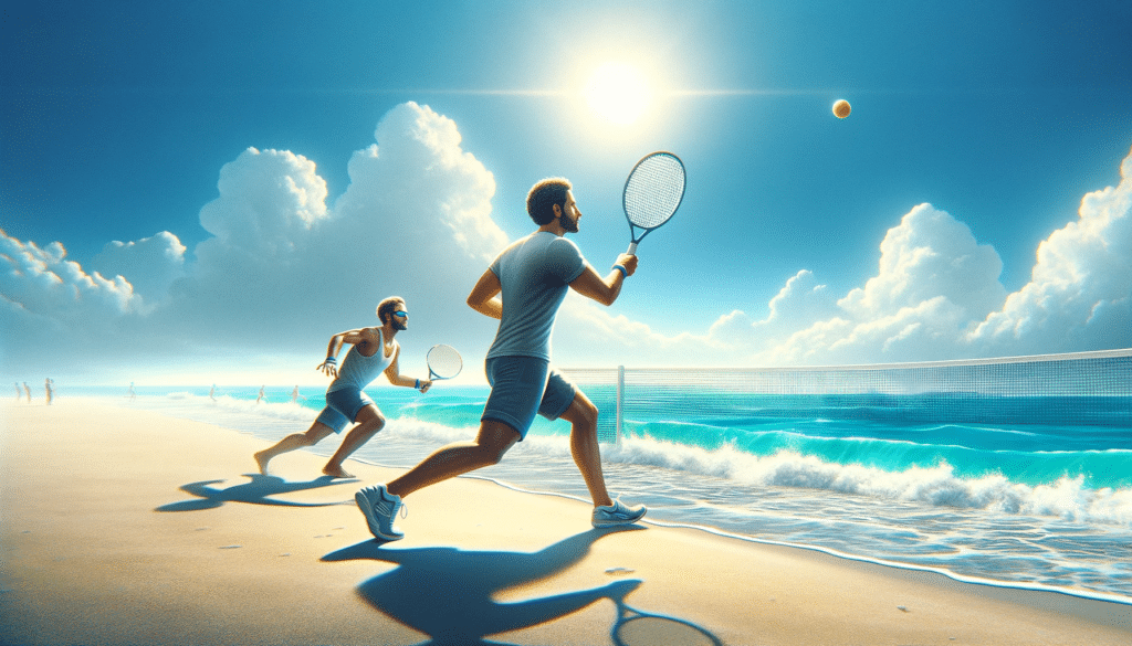 DALL·E 2023 12 02 22.15.10 Image 1 A realistic photo of two people playing beach tennis one Caucasian and one Latino American on a sunny beach. They are in action with one a