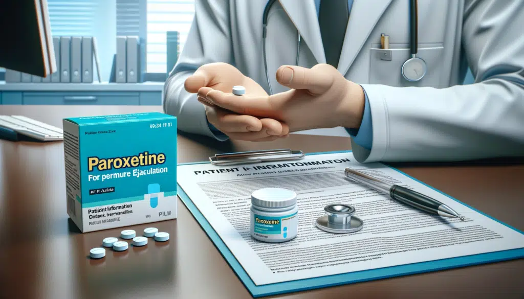 DALL·E 2023 12 03 00.26.05 A realistic photo of Paroxetine medication on a doctors desk with a focus on its use for premature ejaculation. The image includes the medication bo