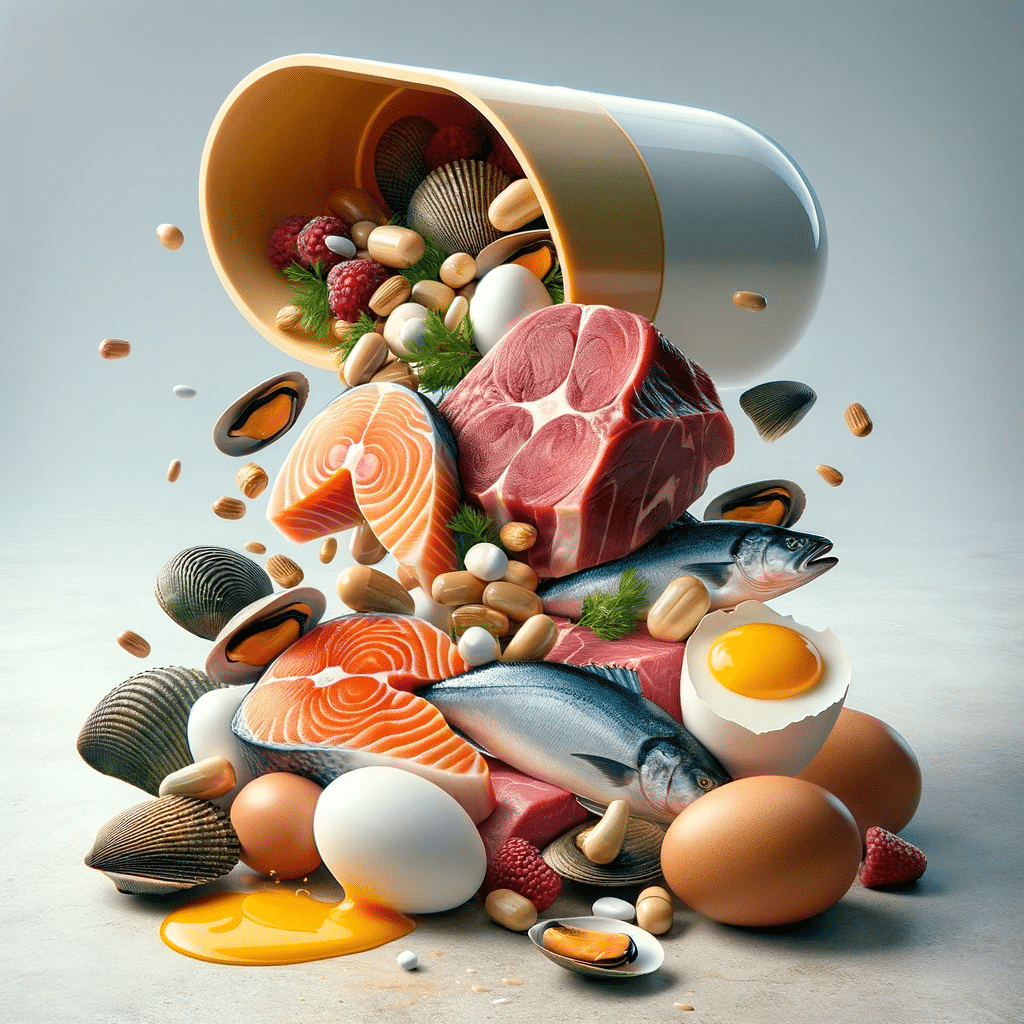 DALL·E 2023 12 03 22.44.31 A vitamin B12 capsule opening up at the forefront with one half tipping over and spilling out foods rich in vitamin B12. The contents include clams