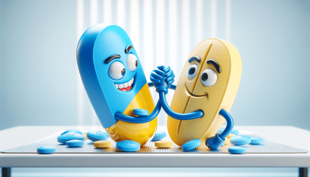 DALL·E 2023 12 03 22.58.15 Create a humorous and professional horizontal image of an animated blue Viagra pill and a yellow Cialis pill with anthropomorphic features such as ar