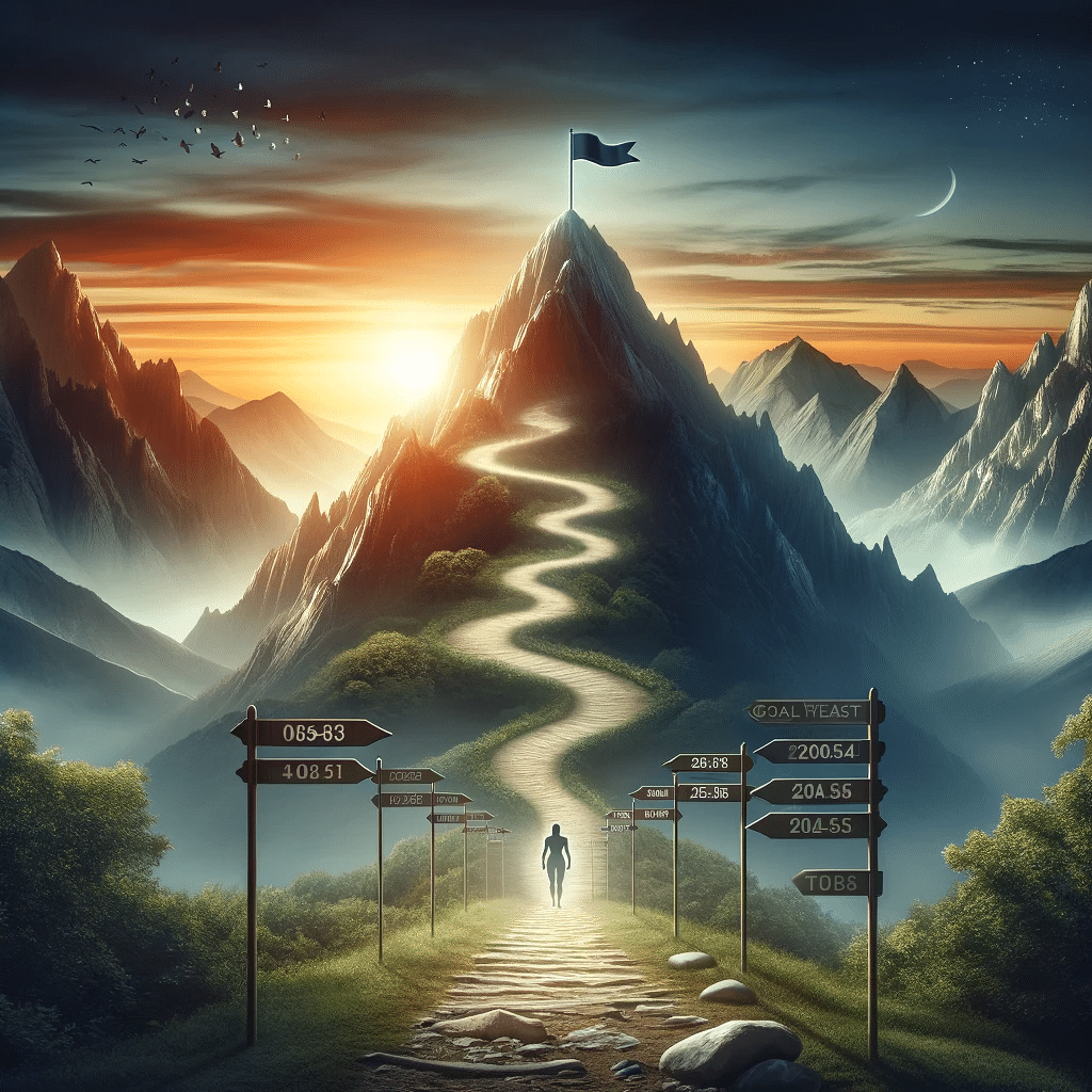 DALL·E 2023 12 04 00.29.52 Design a compelling image that symbolizes the weight loss journey. The scene should depict a path leading up a mountain starting with a darker more