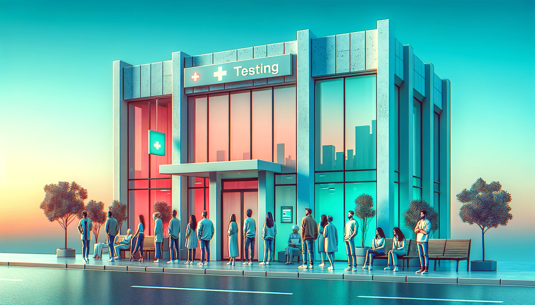 DALL·E 2023 12 05 15.18.44 A modern blood testing clinic at dawn with the sky in shades of Tiffany blue and cyan. Diverse people of different ethnicities are waiting in front of