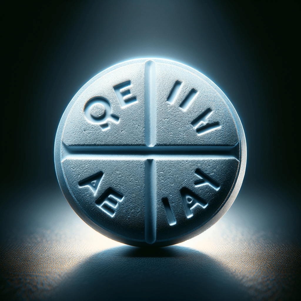 DALL·E 2023 12 09 09.45.53 A highly detailed and close up image of a Quetiapina pill with emphasis on its unique characteristics. The pill should be round coated and have a c