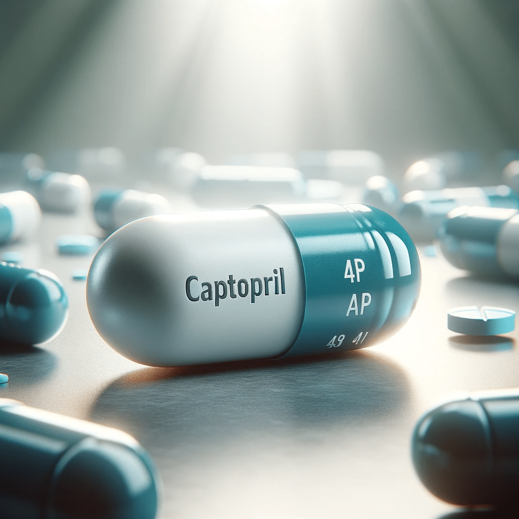 DALL·E 2023 12 09 10.18.38 Create a detailed image highlighting a capsule of Captopril. The capsule should be clearly in focus with a realistic representation possibly showing