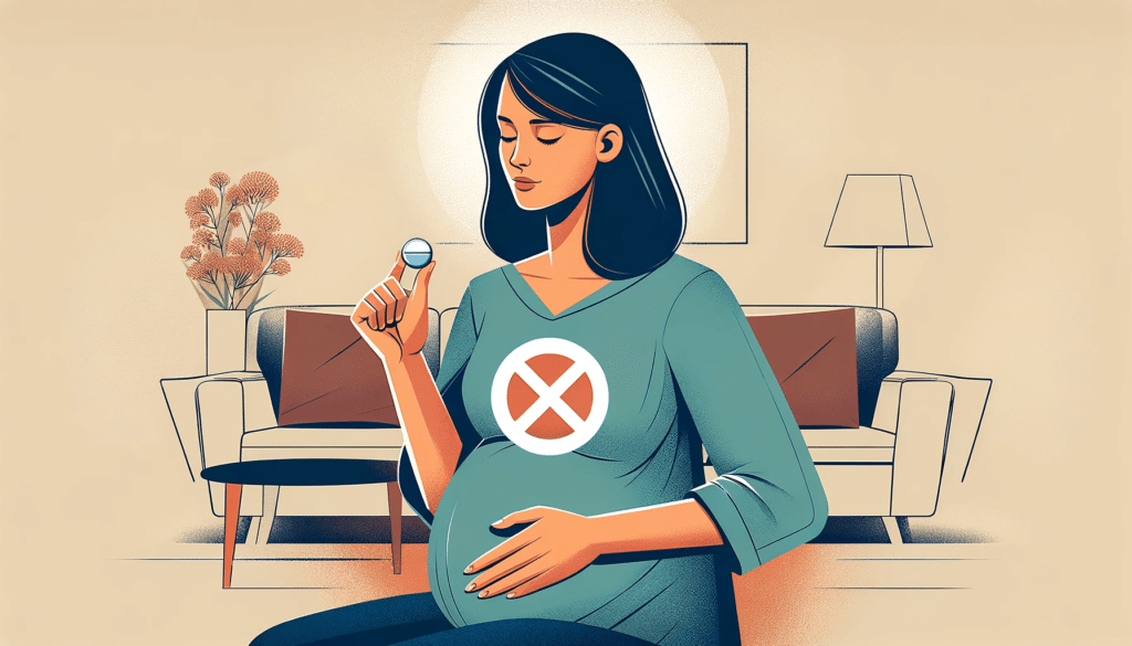 DALL·E 2023 12 09 10.40.20 An illustration of a pregnant woman of mixed Caucasian and Latin American descent holding a pill with a clear X symbol over her indicating that sh 1