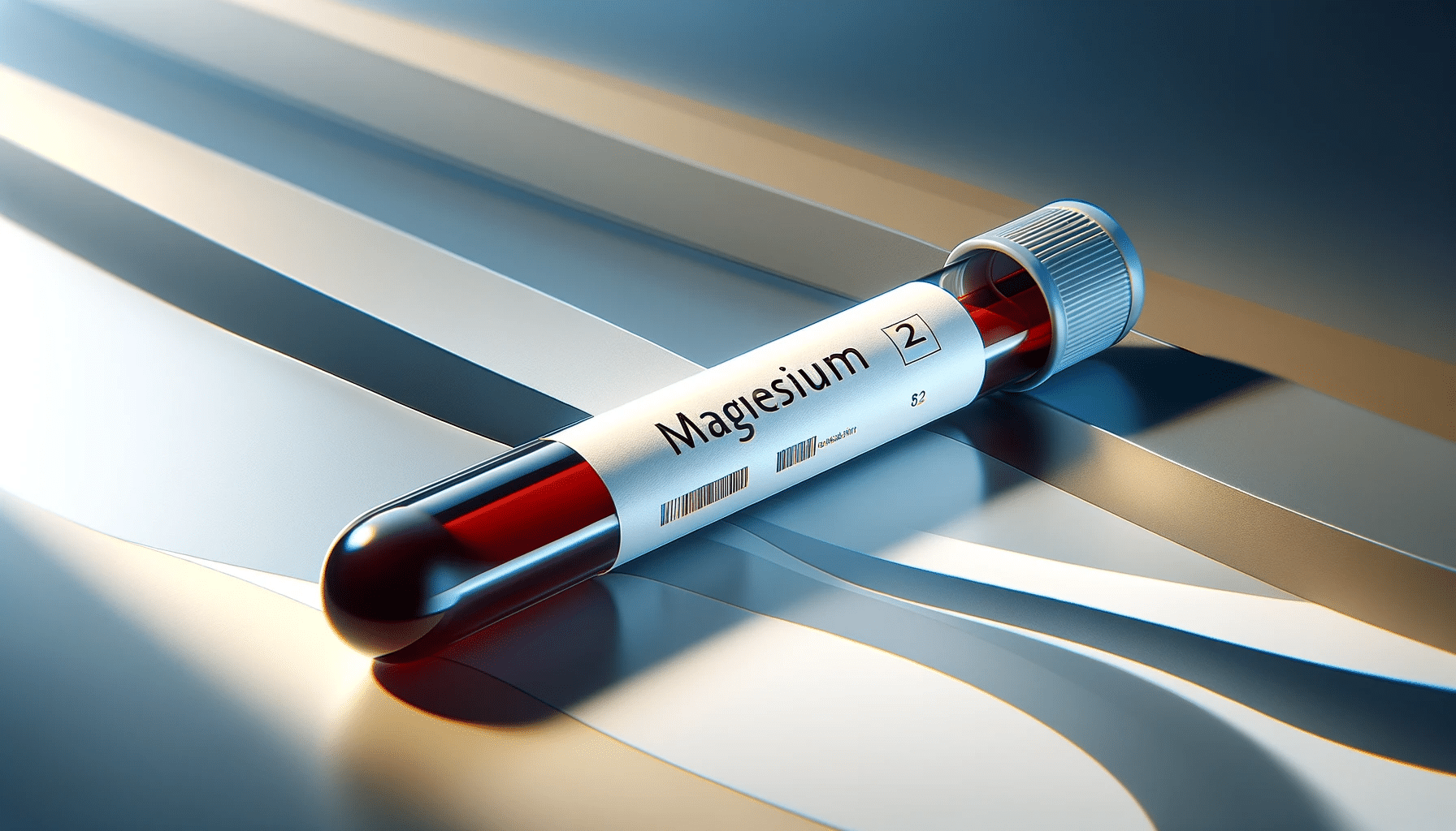 DALL·E 2023 12 10 19.40.06 An ultra realistic high resolution image of a blood test tube slightly tilted in a horizontal format. The test tube is in sharp focus with a clear