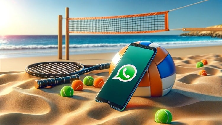 DALL·E 2023 12 11 14.06.48 Create a wide format image featuring a smartphone lying horizontally on a sandy beach. The phones screen should display the WhatsApp logo. In the bea