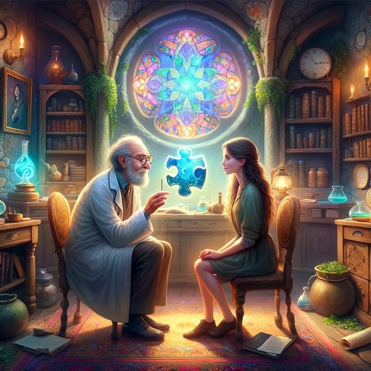 DALL·E 2023 12 11 16.47.00 An enchanting illustration showing Clara in a consultation with Dr. Carlos set in a mystical vintage doctors office. Dr. Carlos is an elder wise l 1