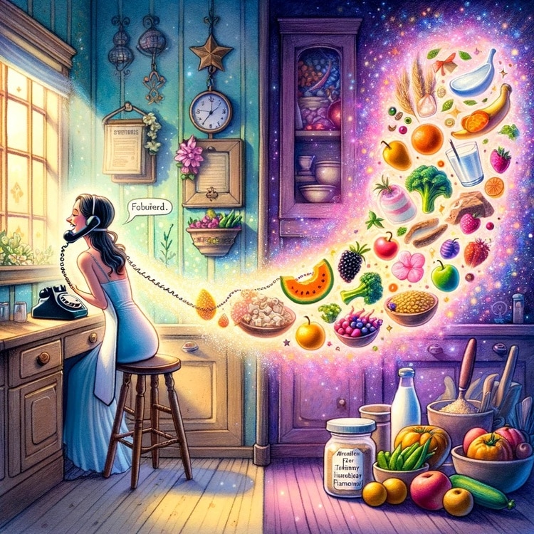 DALL·E 2023 12 11 16.47.09 A whimsical illustration depicting Clara in an enchanted kitchen talking on an old style rotary phone. Shes surrounded by an aura of curiosity and d 2