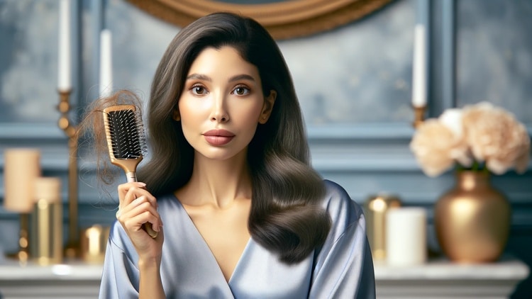 DALL·E 2023 12 18 17.05.14 A high resolution professional horizontal image of a beautiful woman holding a hairbrush with strands of hair symbolizing hair loss. The woman a mi