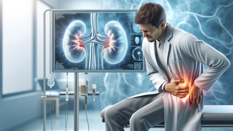 DALL·E 2023 12 18 17.12.21 A high resolution professional horizontal image depicting the concept of flank pain due to kidney stones. The image shows an individual a mix of Cau