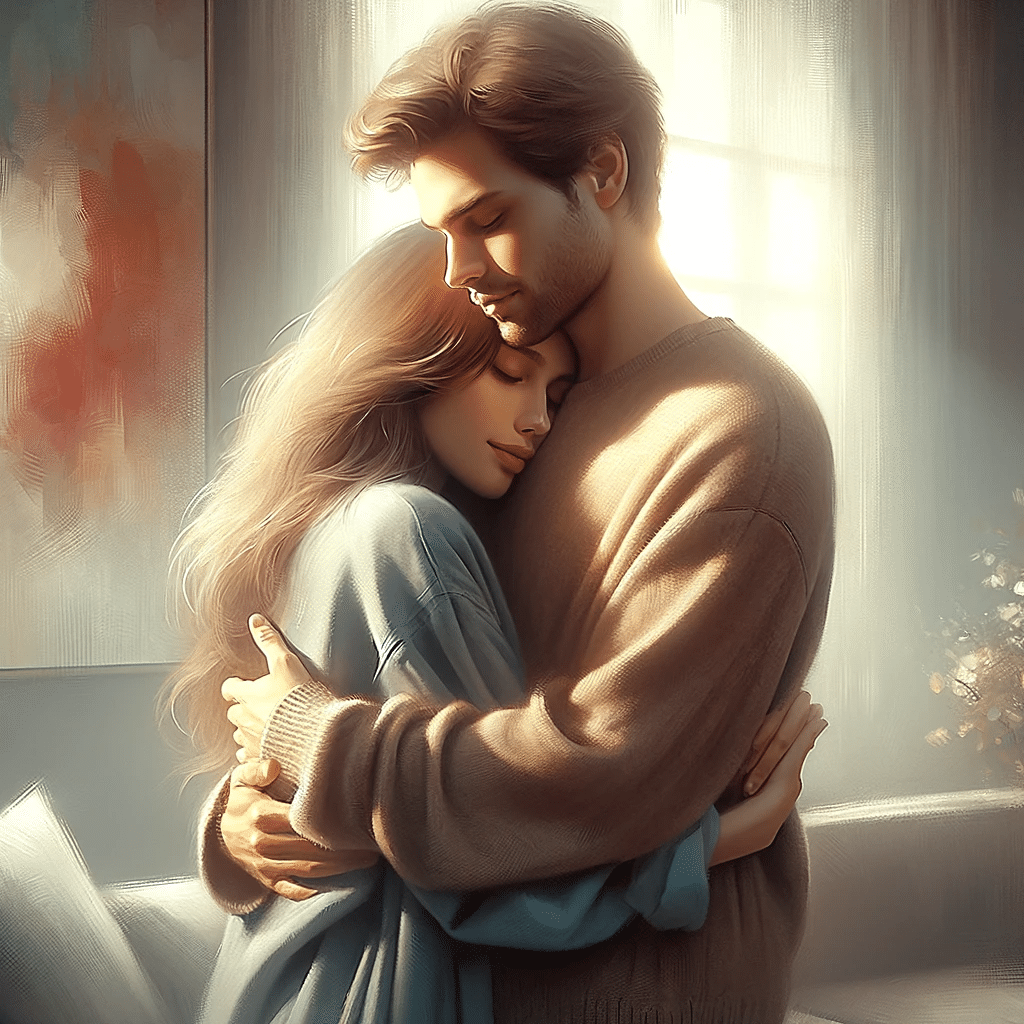 DALL·E 2023 12 20 14.39.45 A digital painting of a couple embracing each other tenderly. They are in a softly lit room with a diffused sunlight filtering through a window. The