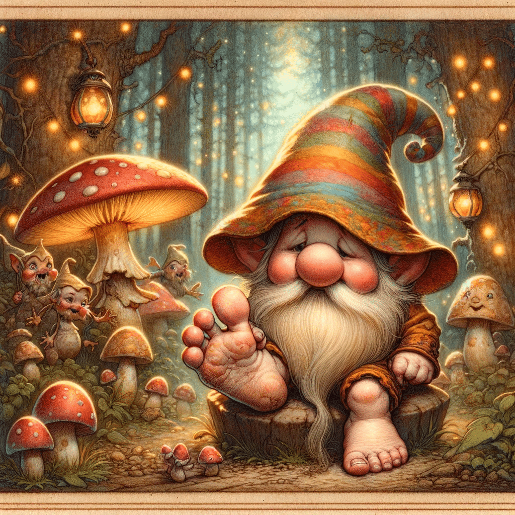 DALL·E 2023 12 20 14.58.45 A whimsical and funny scene in a fairy tale setting depicting a small cartoon like gnome with a humorous expression sitting on a mushroom holding