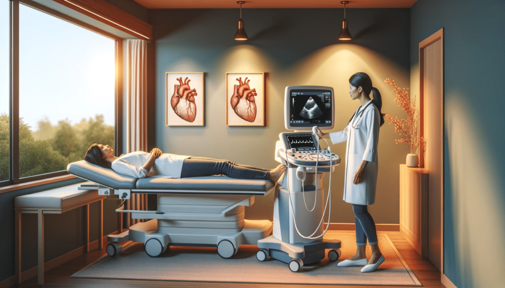 DALL·E 2023 12 20 15.58.28 A contemporary and inviting cardiology clinic room with warm lighting and a state of the art 3D echocardiogram machine. A female doctor of mixed Cauca