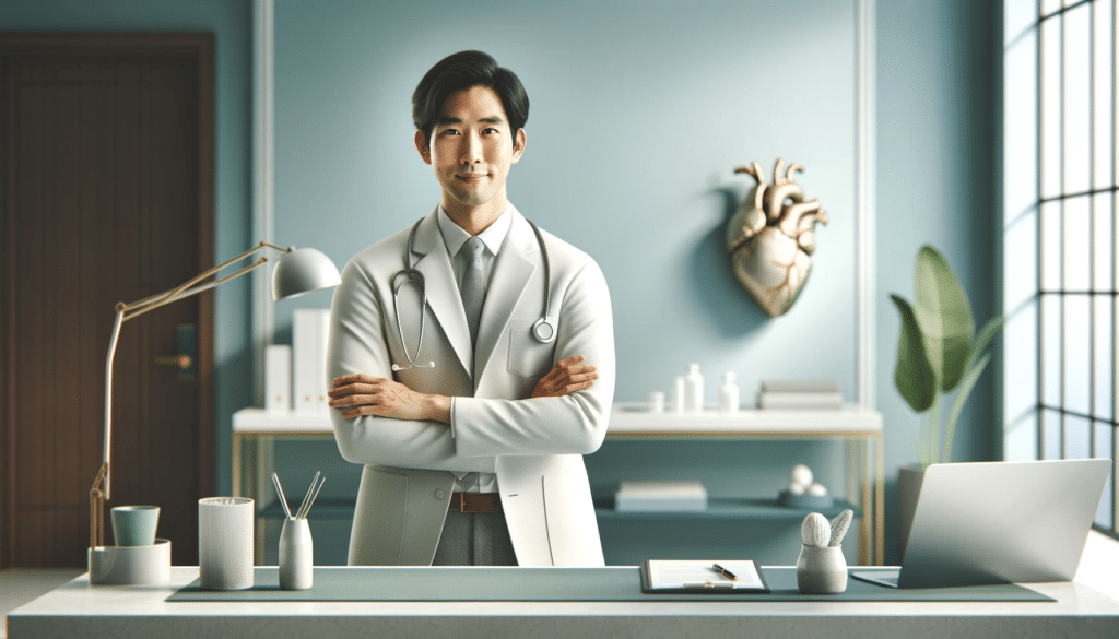 DALL·E 2023 12 26 23.44.37 A horizontal medical office scene with a composed Asian male cardiologist representing Dr. Rafael Otsuzi standing alone behind a sophisticated desk