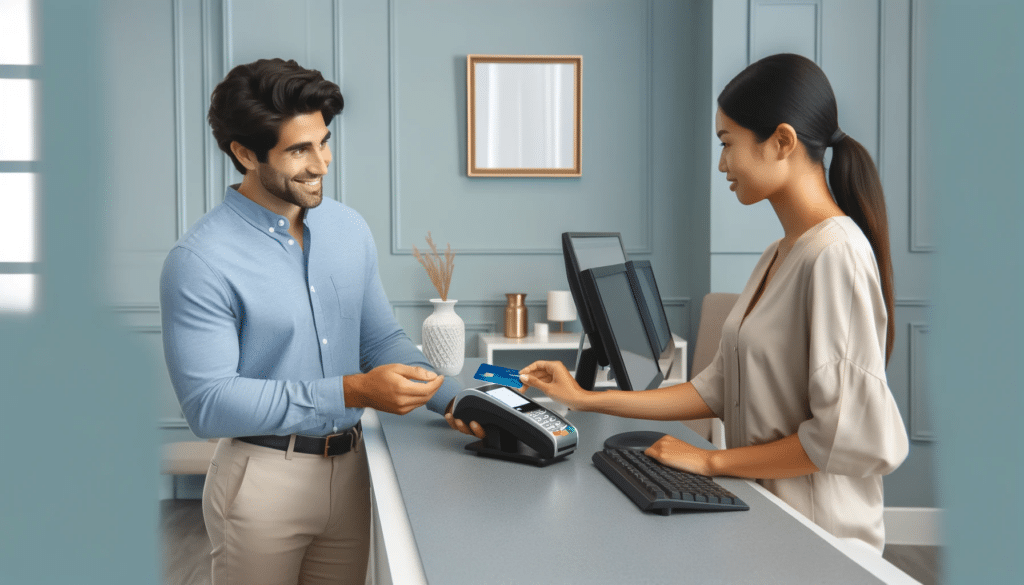 DALL·E 2023 12 26 23.52.54 A medical office reception with a Hispanic male patient and a South Asian female secretary. The patient in a Tiffany blue shirt and neutral pants is
