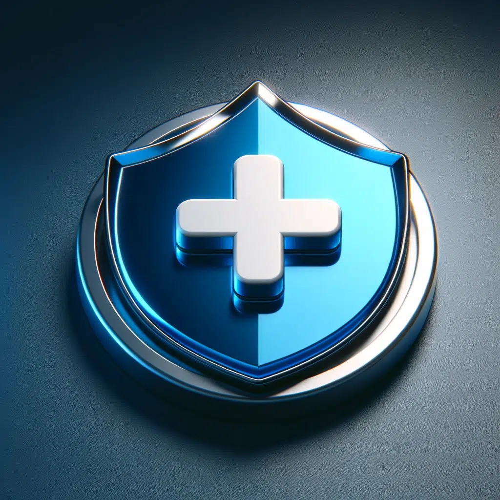 Design a 3D logo that combines the requested shield structure with a white cross in the center while also resembling an interactive button to encoura