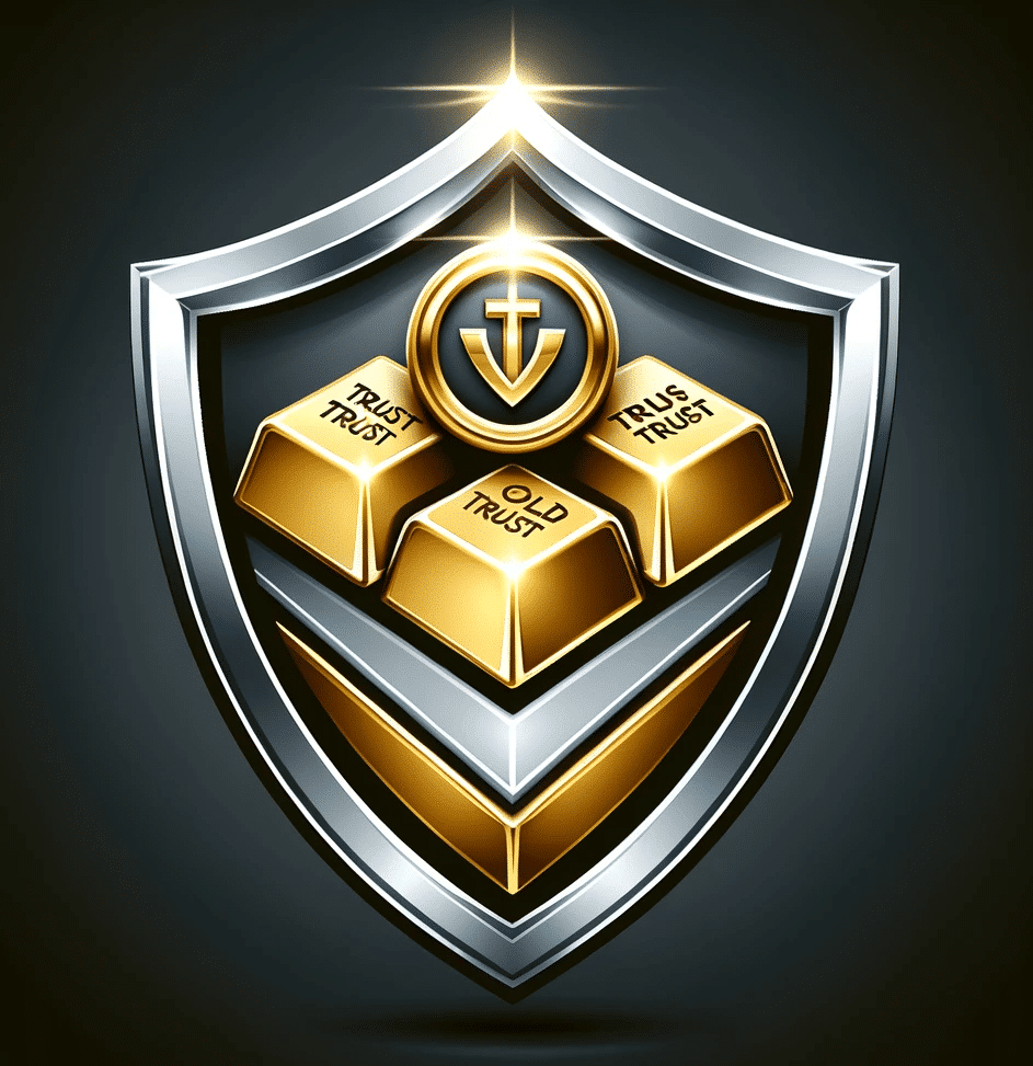 Design a dazzling 3D shield logo with three convex curves at the top. Inside the shield include a symbol of trust on top of a stack of gold bars. The 2