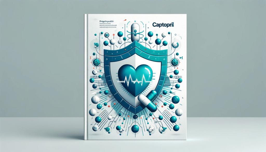 Design an engaging book cover for a post about Captopril featuring a shield symbol to represent protection against heart diseases. The cover should p