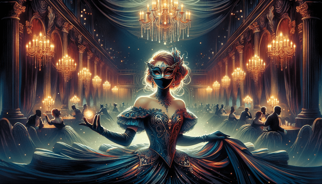 Horizontal cover image of a fantastic ball scene with Lidya wearing a mask set in a mysterious and slightly dark ballroom with shadows and subtle hi