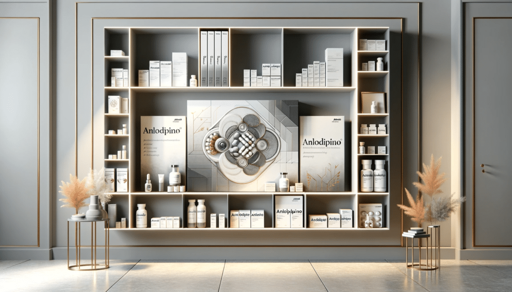 Horizontal image depicting an artistic view of a modern pharmacy shelf, prominently featuring boxes of Anlodipino. The shelf should be designed