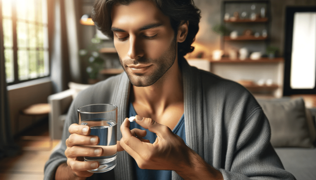 Horizontal image of a patient of mixed ethnicity (Latin and Caucasian) taking a tablet, with a glass of water in hand. The setting is a comfortable ho