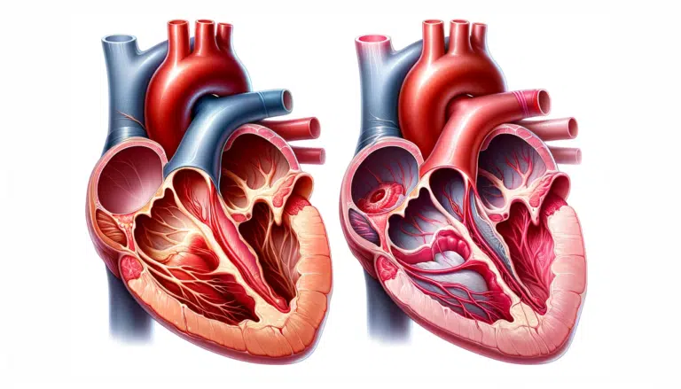 Ilustração detalhada e realista da valva mitral, mostrando comparação entre uma condição normal e um prolapso valvar anormal. A valva mitral saudável é retratada ao lado da valva com prolapso, com detalhes anatômicos precisos para destacar as diferenças entre as duas condições.