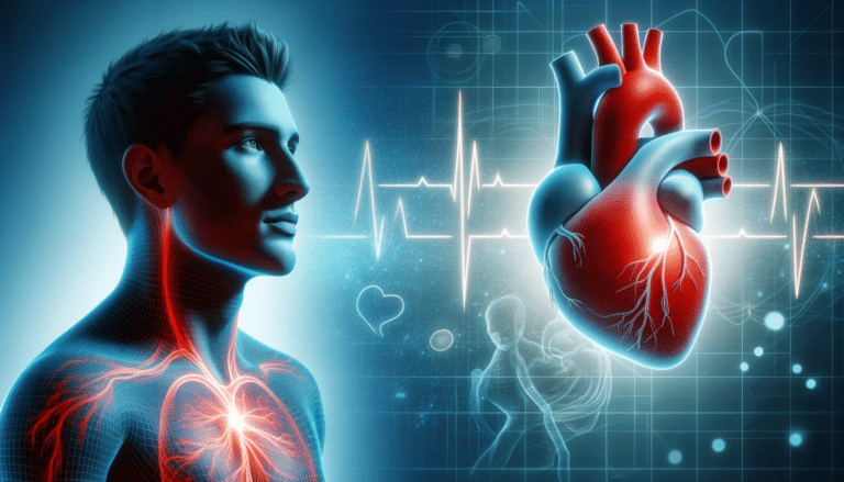 Hipertensão Pulmonar: O que é, Causas e Sintomas 3 A imagem horizontal e ampla apresenta uma pessoa saudável em primeiro plano, simbolizando saúde e vitalidade. Atrás da pessoa, há uma representação sutil e artística do coração, sugerindo um coração forte e saudável. A composição é harmoniosa, integrando a pessoa e o coração de forma que o coração pareça ser o plano de fundo. As cores utilizadas são naturais e realistas para a pessoa, com uma representação mais estilizada do coração, transmitindo a ideia de saúde e bem-estar.