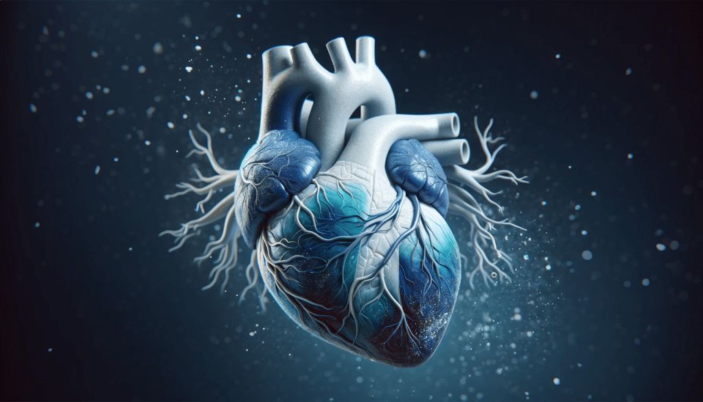 Imagem horizontal e detalhada de um coração humano, mostrando os efeitos da hipertensão pulmonar. O coração deve ser ampliado e retratado em tons de a