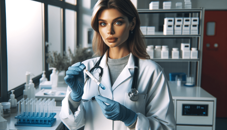 Exame VDRL: o que é e para que serve 1 A imagem mostra de forma realista uma enfermeira caucasiana em um laboratório clínico. Ela está vestindo um uniforme branco e luvas de látex, segurando cuidadosamente um teste VDRL entre suas mãos. A enfermeira tem uma expressão profissional e focada, olhando atentamente para o teste. Ao fundo, há prateleiras com equipamentos e frascos típicos de laboratório. A iluminação suave do ambiente contribui para uma atmosfera calma e concentrada. O teste VDRL é destacado na imagem, com um rótulo claramente visível, simbolizando sua importância no diagnóstico clínico.