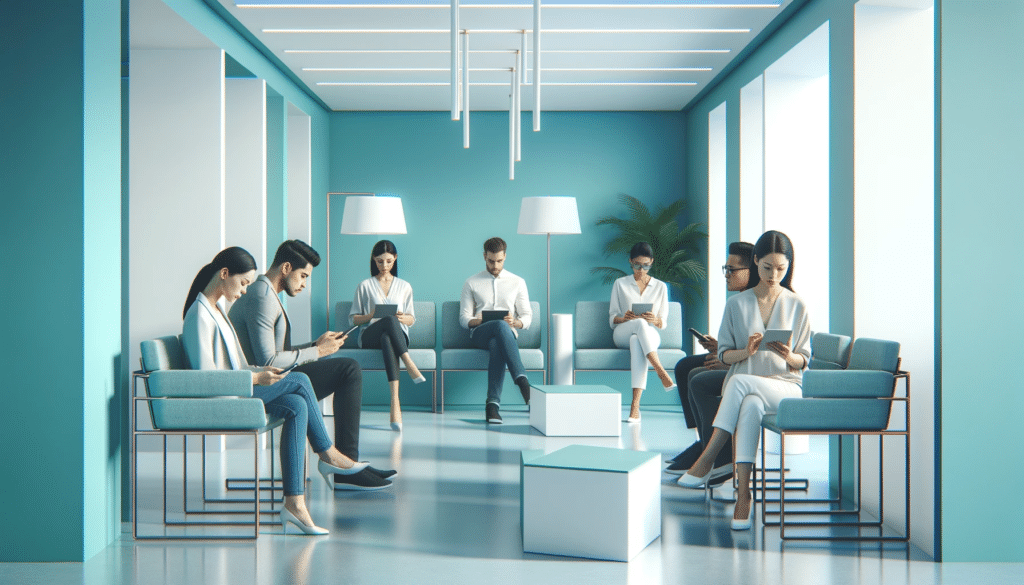 Interior of a minimalist waiting room in a laboratory in shades of Tiffany blue and white. Diverse people of various ethnicities including Caucasian 1