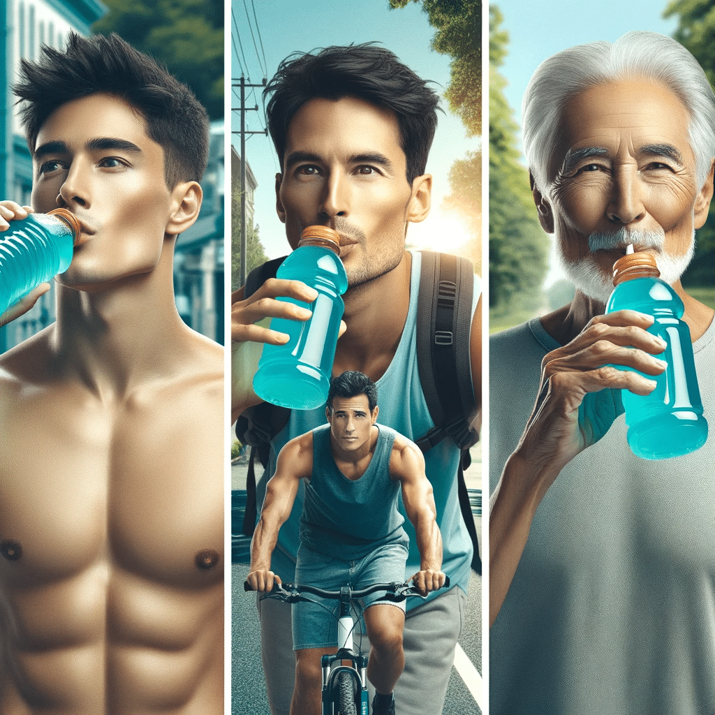 Three separate images each featuring a person of different ages all with healthy bodies in a clean and sophisticated environment drinking an isoto
