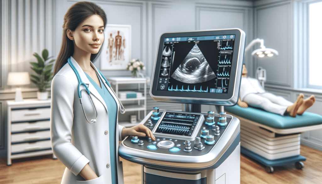 an echocardiogram machine in a beautiful medical office. Include a female doctor of mixed Caucasian Latino and