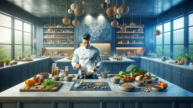 chef in a luxurious gourmet kitchen with a focus on foods high in phytosterols. The kitchen should have an