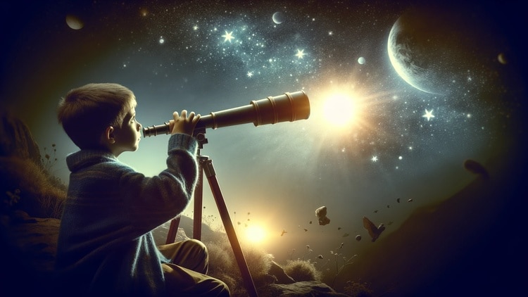 A child looking through a telescope, symbolizing curiosity and the desire to explore the unknown.