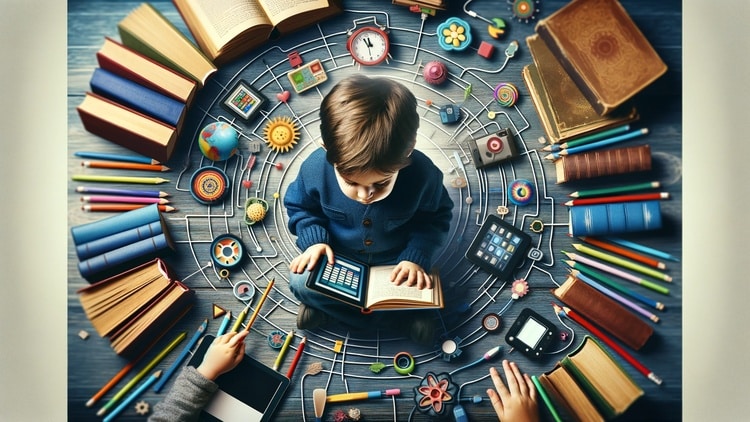 A child surrounded by books and digital devices, indicating a mix of traditional and modern learning