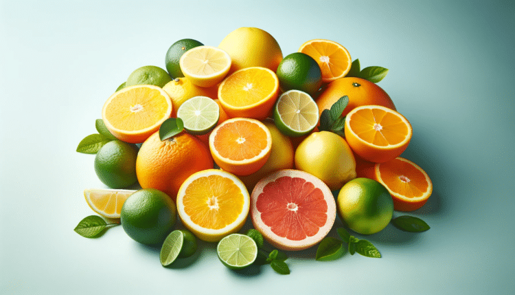 Imagem horizontal destacando frutas cítricas frescas e coloridas em um fundo limpo, evocando saúde e nutrição.