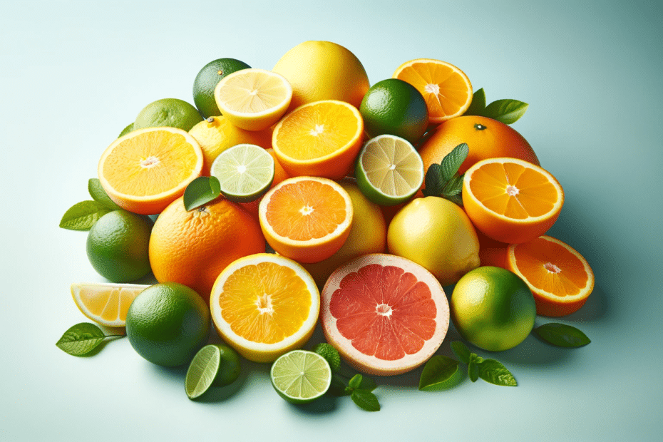 Imagem horizontal destacando frutas cítricas frescas e coloridas em um fundo limpo, evocando saúde e nutrição.